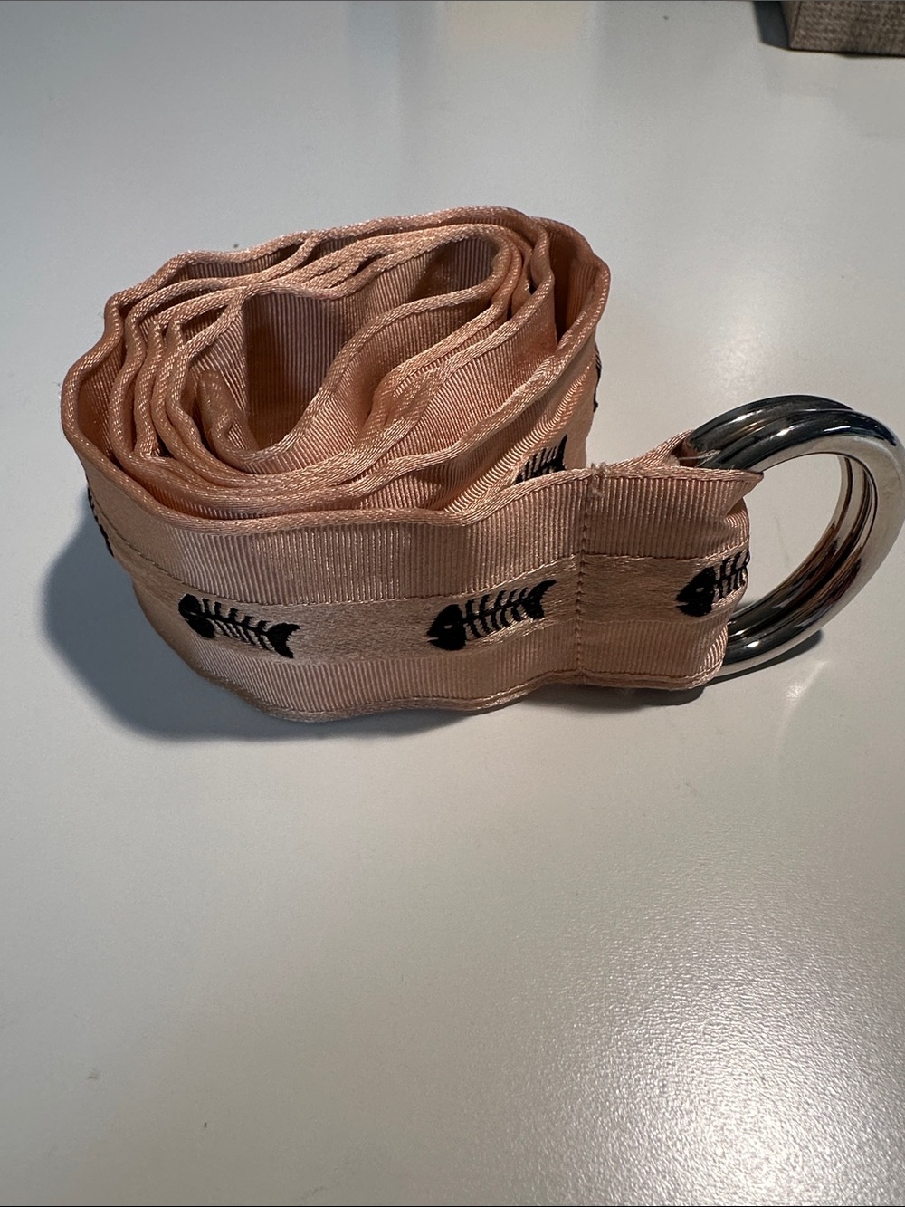 Satin Grosgrain Fishbone Print D-Ring Belt in Blush Pink